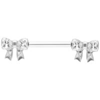 Barbell con Fiocchi di Cristallo in Oro Bianco Barbell in oro bianco con estremità a fiocco incastonate di cristalli su sfondo bianco