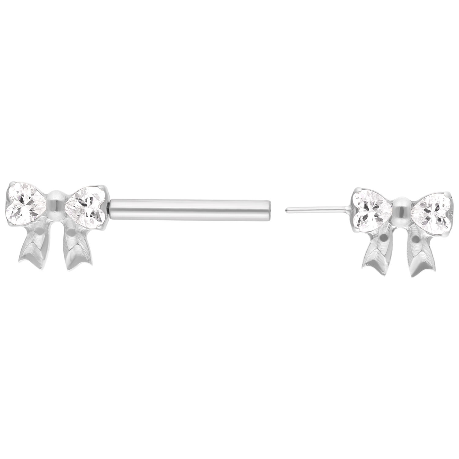 Piccolo Piercing Barbell con Fiocco di Cristallo Due barbells in titanio bianco con fiocchi tempestati di cristalli su sfondo bianco