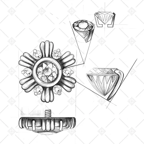 Disegni di un anello con pietra centrale e dettagli floreali su sfondo bianco