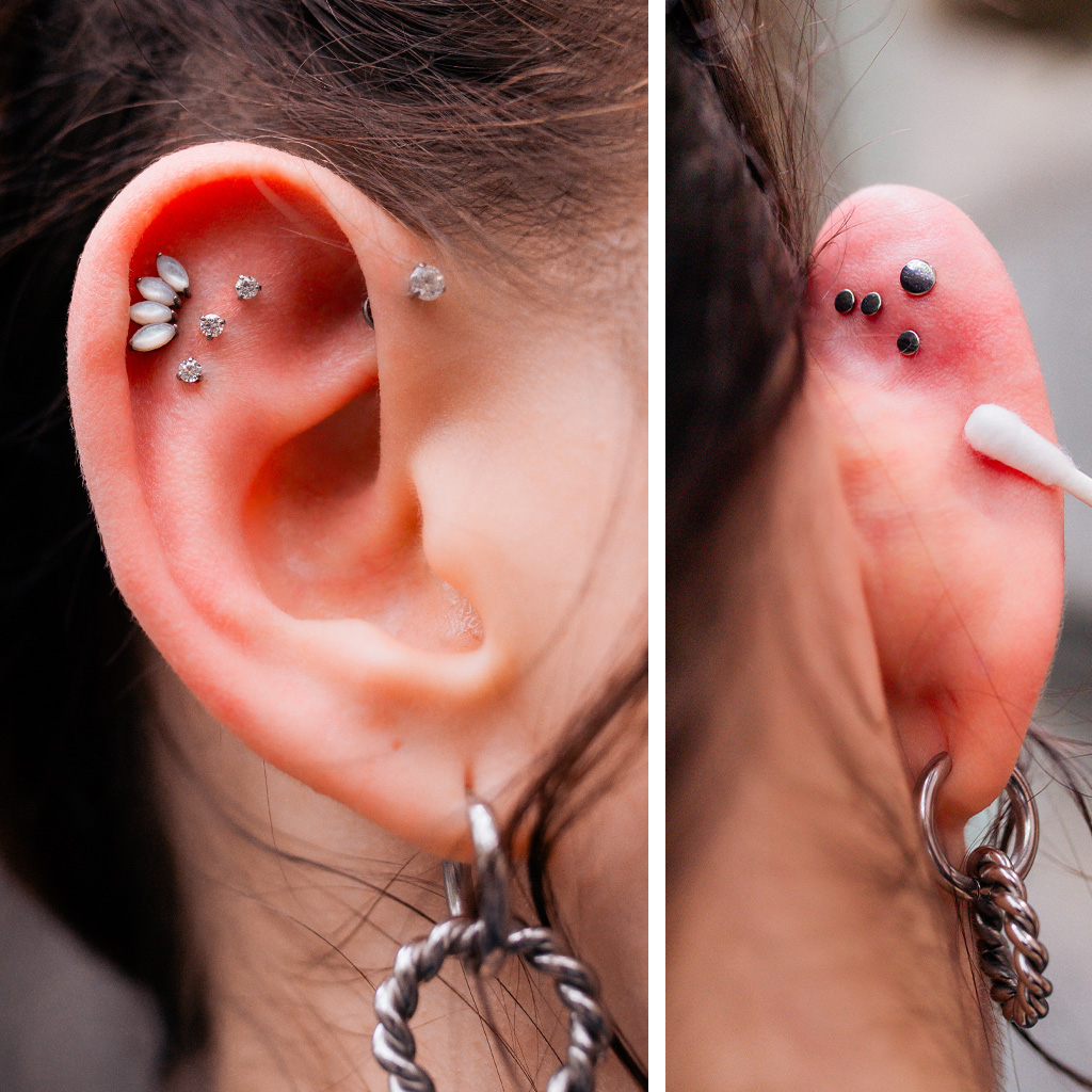 Orecchino triplo in metallo con dettagli brillanti e piercing su orecchio femminile
