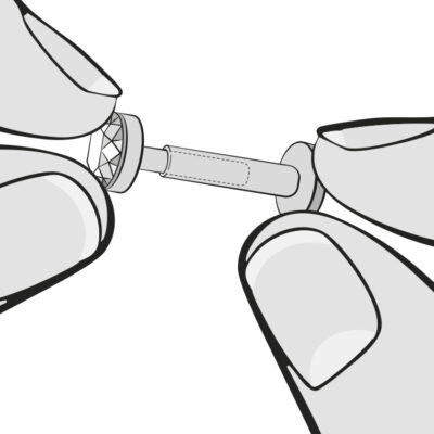 Mani che assemblano un piercing push-fit su sfondo bianco